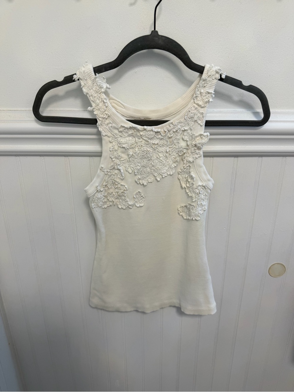 Anthropologie Cream Ribbed Tank with Lace Appliqué